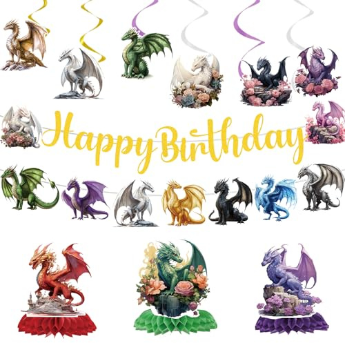 Yomover Drachen Geburtstag Deko – 11 Stück Happy Birthday-Banner Drachen Hängende Wirbel Waben-Mittelstücke Dekoration, Party Dekoration Supplies Für Junge Kindergeburtstag