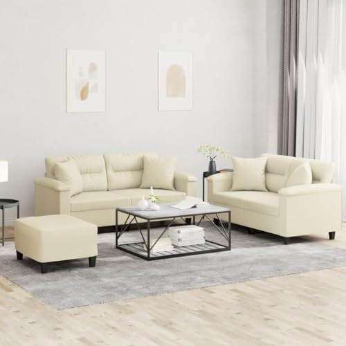 Mandloder 3-TLG. Sofagarnitur Creme, Kunstleder Lounge Sofa Set mit 2X 2-Sitzer Couch, Fußhocker & 8 Kissen, Modernes Ecksofa für Wohnzimmer, strapazierfähig & pflegeleicht
