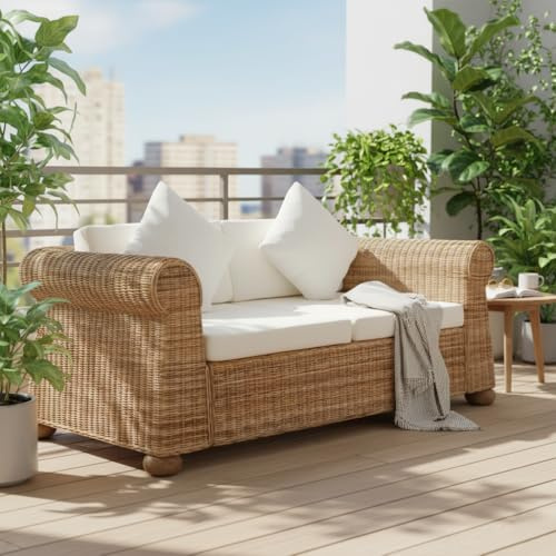 Woonisher Rattan Sofa 2-Sitzer mit Kissen in Natur, Schickes Ecksofa aus Natürlichem Rattan, Schlafsofa mit Leichtem Design für Garten und Wohnbereich, Natürliche Couch mit Bequemen Kissen