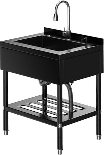 Edelstahl Spültisch 65×53×100CM, Freistehende Küchenspüle 1 Becken, Gewerbliche Spülbecken Mit Wasserhahn Kalt Und Warmwasserschläuchen, Für Waschküche Outdoorküche Gastro Geschäft Restaurant