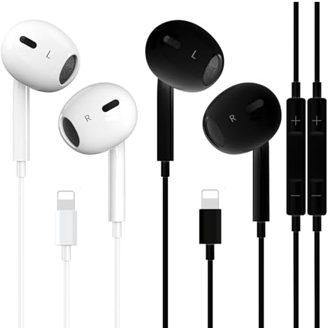 Lightning Kopfhörer mit Kabel 2 Stück, Apple MFi Zertifiziert In Ear Ohrhörer für iPhone 14/14 Plus/13/12/11/8/7 X Pro Max, iPad (Weiß&Schwarz)