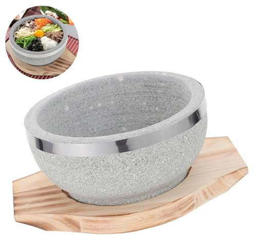 CALLARON Cuenco de Piedra Coreano Bandeja de Madera para Bibimbap, Seguro para Fuego Abierto y Mantiene la Comida Caliente, Adecuado para Cocinar y Servir