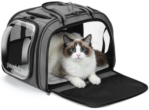 pecute Katzentransporttasche mit Sichtfenster, atmungsaktive Katzentransporttasche, stabile Haustiertransporttasche mit Sichtfenster (Grau, L (46×36×34cm))
