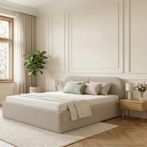 Dekori Möbel BELMI Slim Polsterbett mit Bettkasten, und Holzrahmen, Stauraum, Bouclé-Stoff (Quelle 05 (Beige), 160x200 cm)