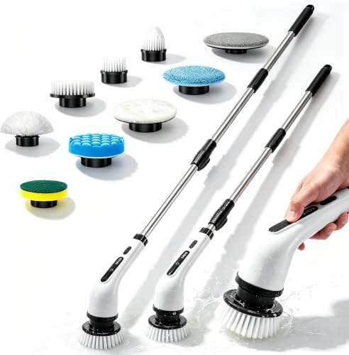 Electric Cleaning Brush, Electric Spin Scrubber with 9 Replaceable Brush Heads and Adjustable Extension Handle, Simple Scrub Vibrating Cordless Cleaner for Bathroom Kitchen Floor Tile