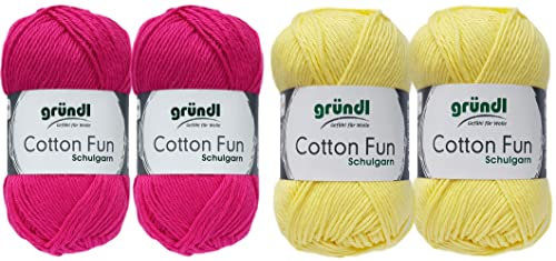 SB Pack Gründl Cotton Fun Häkelset für Topflappen Inhalt 4x50g Material 100% Baumwolle incl. Gratis Häkelanleitung und Häkelnadel (Mimose, Pink)