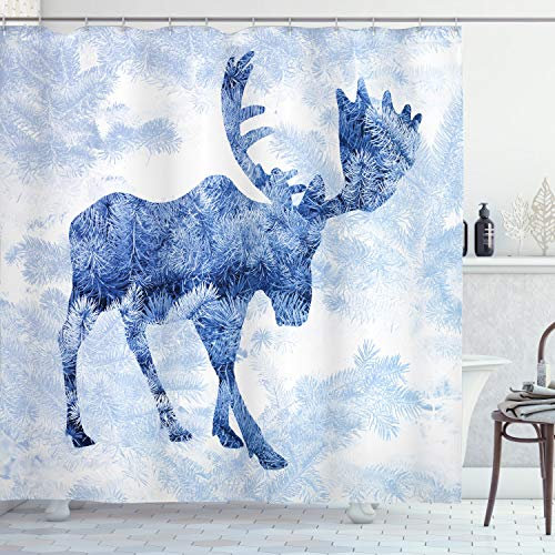 ABAKUHAUS Elch Duschvorhang, Blauer Winter Antlers Baum, Stoffliches Gewebe Badezimmerdekorationsset mit Haken, 175 x 180 cm, Violett Blau