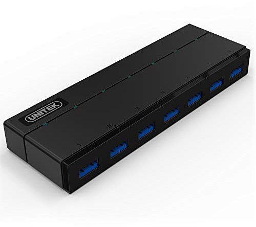 UNITEK Hub 7 Port USB 3.0 aktiv mit Stromversorgung, Datenhub Multiport Verteiler für PC, Laptop, Tastatur, Mouse, Drucker, iOS (Mac) + Windows Kompatibilität, Plug&Play, Schwarz, Y-3184, 7x USB 3.0 mit Stromversorgung