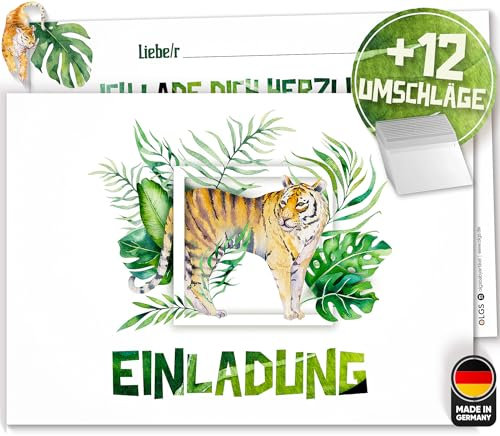 Olgs 12x EINLADUNGSKARTEN zum Kindergeburtstag Tiger | Perfekte Einladung zum Kindergeburtstag oder Kinder Party | Geburtstag-Einladungen zum ausfüllen | Partyeinladungen, grün, Dschungel