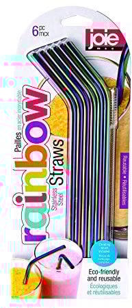 Joie Reusable Iridescent Metal Straws – Set of 6 Stainless Steel Drinking Straws with Cleaning Brush, Eco-Friendly & Durable, Rainbow