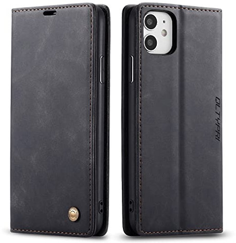QLTYPRI Kompatibel mit iPhone 12 und iPhone 12 Pro, Vintage Dünne Handyhülle mit Kartenfach Ständer Ledertasche Klapphülle Schutzhülle Kompatibel mit iPhone 12 und iPhone 12 Pro (6,1 Zoll) - Schwarz
