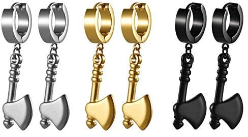 JewelryWe Schmuck 3 Paare Ohrringe Creolen Set Herren mit Axt Ohrhänger, Edelstahl Ohrstecker Ohrpiercing für Damen, Frauen, Männer Gold Silber Schwarz