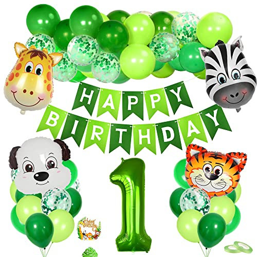 1. Geburtstag Tiere Thema Set, Geburtstagsdeko Junge 1 Jahre, 1 Geburtstag Deko, Luftballon 1. Geburtstag Junge, Folienballon 1 Grün, Kindergeburtstag Tiere Deko, für Safari Party Dekoration