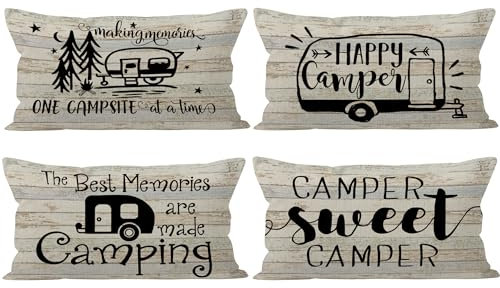 SiuSue Dekorativer Kissenbezug, 4er-Set, 50,8 x 30,5 cm, Vintage-Holzmaserung, Camper, Polyester, Druck, Camping, Reißverschluss, Willkommen, Wohnmobil-Kissenbezug für Sofa, Couch, Bett