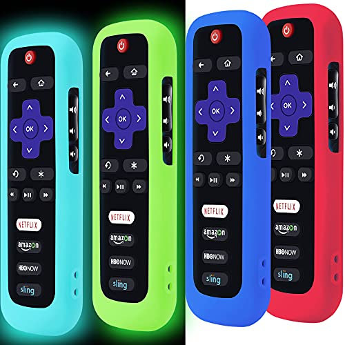 4 Pack Remote Case for Roku, Battery Cover for TCL Roku Smart TV Steaming Stick Remote, Roku TV Remote Cover Silicone Protective Controller Universal Sleeve Skin Glow in The Dark Green Red and Blue
