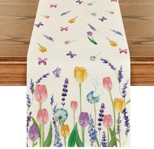 Artoid Mode Tulpen Lavendel Frühling Tischläufer, Saisonnal Sommer Küche Tisch Dekoration Drinnen Urlaub Party Dekor 40x140 cm