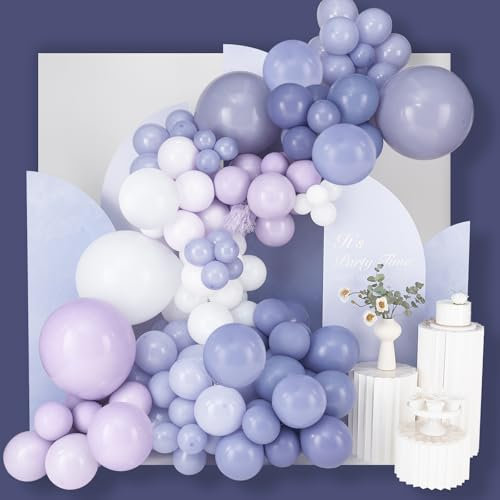 PartyWoo 140 pcs Assorted Purple Balloon Garland, Grayish Blue, Pale Lavender, White Balloon Arch Kit for Birthday Decorations, Baby Shower, Wedding