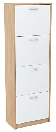 MATKAM Schuhschrank 4S, in Schlichter Optik, B 50 x H 152 x T 28 cm, laminierte Möbelplatte 16 mm, mit Rückwand, 4 ausklappbare Schuhablagen (Sonoma Eiche – Weiß)