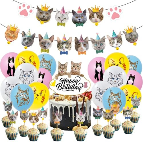 Babioms Katzen Ballons Geburtstagsdeko 44Pcs Luftballons Katzen Geburtstagsfeier Happy Birthday Banner Cake Topper Ballons für Kinder Deko Geburtstag
