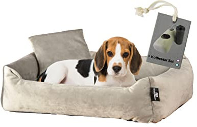 Rohrschneider Luxus Hundebett für Kleine und Mittelgroße Hunde, Flauschig und Waschbar, inkl. Hundekotbeutelset - Taupe, Größe M