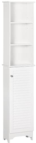 HOMCOM Armario Alto de Baño con 1 Puerta 3 Estantes Abiertos y Balda Interior Ajustable Mueble Auxiliar de Almacenaje para Salón Aseo Dormitorio 34x20x165 cm Blanco