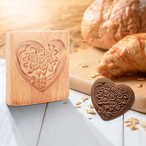 Wooden Cookies Mold, DIY Hand Bouquet Press Mold Baking Mold Non Stick Cookie Stamp Carved Cookie Mould Cutter Embossing Mold for Gingerbread Muffin Moon Pies Biscuit Chocolate Green Bean Cake