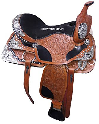 SHOWMEN CRAFT Westernsattel aus Leder mit silberfarbenen Eckkanchos mit passendem Halfter und Brustkragen (38,1 cm)