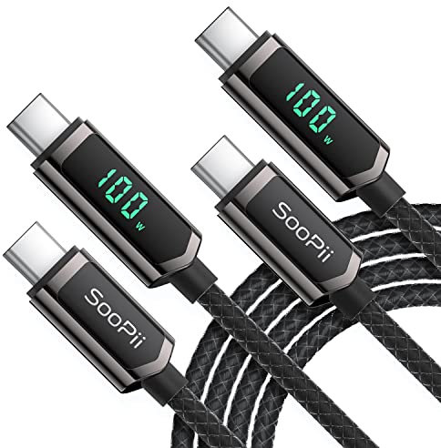 SooPii USB C auf USB C Kabel, [2PACK, 2M] 100W Nylongeflecht Typ-C Kabel mit LED Display für iPad Mini/Air/Pro, MacBook Pro, Samsung Galaxy S22/S10, Pixel, LG