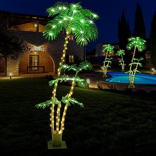 6FT Palm Trees for Outside Patio, Christmas Palm Trees Decor, Waterproof＆Windproof Solar Light Up Tree, Artificial Lighted Palm Tree Party Decorations for Outside Indoor Patio Decor