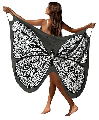 AI'MAGE Damen-Badekleid mit Schmetterlings-Motiv, gestreift, Strandbekleidung, Wickelkleid, leicht, Kimono, Strandtuch, Größe S-XL, Schwarz-Print 1, XX-Large