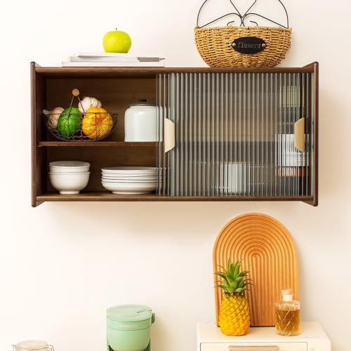 HollyHOME Small Bamboo Wall-Mounted Kitchen Pantry Sideboard with 2 Doors, Coffee/Wine Bar Storage Cabinet for Liquor and Glasses, Console Dining Cupboard