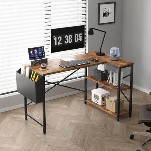 Mcc Direct L Shaped Corner Desk - Computer Desk with Bookshelf, Reversible for Home Office Studio Workstation (Brown, 100cm)