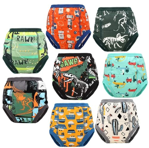 FLYISH DIRECT Potty Training Pants for Boys, Reusable Toilet Training Pants | Absorbent, Daytime Potty Training, 8 Packs, Green Dinosaur, 9 Years