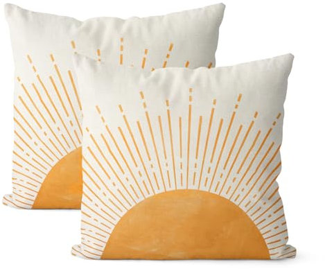 JEFERSO Summer Pillow Covers 18x18 Inch Set of 2, Yellow Sunshine Decorations Outdoor Throw Pillows Boho Summer Sun Sunrise Pillowcase Linen Decor Cute Modern Farmhouse Cushion Case for Home Bedroom