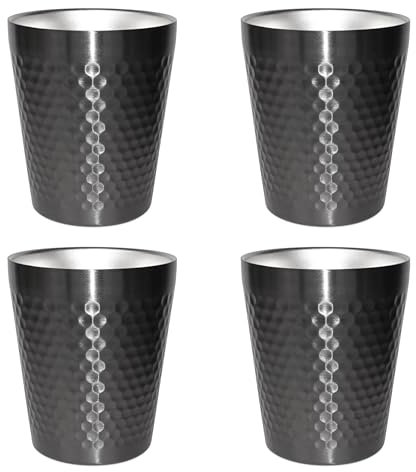TIICOO Edelstahlbecher 4 Packungen 300 ml, Stapelbar Doppelwandig Isoliert Metall Bruchsicher Titanbeschichtete Diamantstrukturierte Oberfläche Hitzebeständig Spülmaschinenfest (Schwarz - 4er Set)