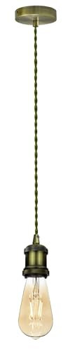 DC VOLTAGE Green Brass Vintage Metal Ceiling Pendant Light Fitting, Army Green Twisted Braided Flex 2m Cable, E27 Lamp Holder Pendant Light for Indoor Lightings