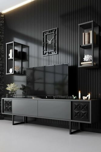 Dmora Mobile Porta TV Kaus, Credenza da Soggiorno, Armadio Basso per TV, Base Parete attrezzata, 180x30h48 cm, Antracite e Nero