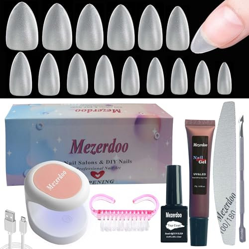 Tip In Gel per Unghie Kit, 510 Pezzi Tips Unghie Finte Corte Mandorla, 15 Taglie Tip Unghie Ricostruzione, Unghie Finte Copertura Completa,Colla per Unghie Finte Extra Forte,Mini Lampada UV Unghie