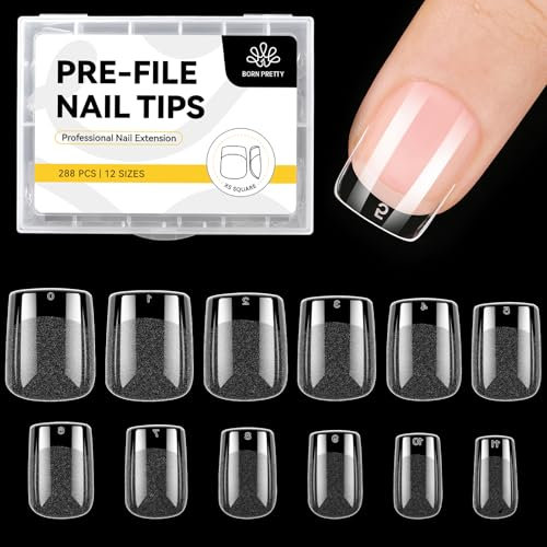 Born Pretty 288 Pièces Capsule Americaine Ongle Carrés Extra Courts, 12 Tailles Semi Givré Faux Ongles, Acrylique Pose Americaine Capsule Ongles Transparents Préformés pour Une Couverture Complète