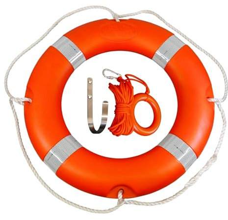 1.5kg Lifebuoy Ring, 58cm Dia., Hi-Vis SOLAS Compliant Retro-Reflective Tape + 10m rope throw line + mounting hook. Complete Safety Kit for Lakes, Ponds, Rivers, Marine Safety Flotation Devices