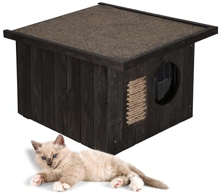 MUNTEL Katzenhaus Outdoor Winterfest, Katzenhaus Isoliert, Clawsable, Holz Outdoor, Katzenhütte 49,5 x 58 x 36 cm (Schwarz)