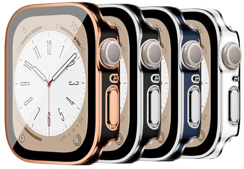 LEIXIUER 4 Stück Uhrenhüllen kompatibel für Apple Watch Series 42mm 46mm 40mm 44mm 41mm 45mm mit Displayschutz aus gehärtetem Glas, Harte PC-Schutzhülle für iWatch Series 10 9 8 7 6 5 4 SE