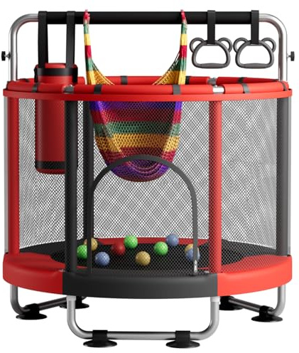 ZCMHAXJ 55 Trampoline for Kids with Enclosure, 440lbs Capacity Indoor & Outdoor Toddler Trampoline with Adjustable Gymnastics Bar & Toys, Gifts for Boys & Girls