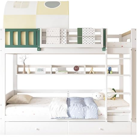 I0I&I0I Etagenbett– Hochbett für Kinder mit Zelt, Fallschutz, Gitter, 4-Stufen-Leiter, 2 Schubladen auf Rollen, Kiefer & MDF, Stabiles Hausbett in Weiß/Gelb-Grün für Jungen & Mädchen (204.5x97x210cm)