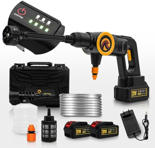 Sunster 21V Cordless Pressure Washer with 2X4000mAh Battery, 6-in-1 Nozzle, LED Remaining Battery Display, 3 Speed Adjustment, 5m/16.4FT Hose Jet Wash Tool for Patio and Car, Floor Garden Cleaning