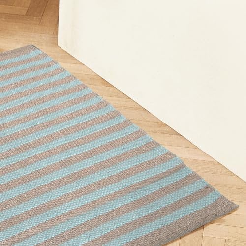 Sono a casa - Tappeto Multiuso 50x80 cm - in Misto Cotone Intrecciato – Lavabile, Morbido e Resistente – Perfetto per Ingresso, Cucina, Bagno, Camera da Letto (Tortora e Azzurro)