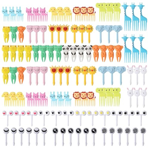 120 Stück Wiederverwendbare Obstgabeln aus Kunststoff (22 Tierformen + Cartoon-Augen) - für Picknick, Bento-Boxen, Partys, Desserts, Food-Picks, Spieße