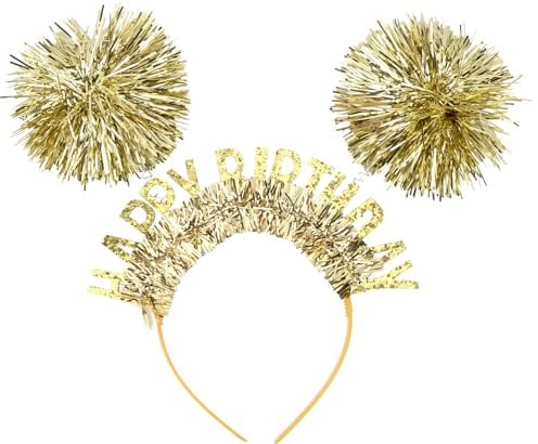 Exipsat Golden Geburtstagskrone Haarreif Damen, Party Kopfschmuck | Happy‑Birthday‑Motiv, verziert mit bunten Perlen und glänzenden Steinen für festliche Geburtstagsfeiern
