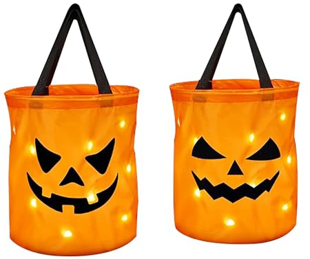 2 Stück LED Leuchte Halloween Eimer für Süßigkeiten, Halloween Tasche Kinder Leuchtender Kürbis Eimer Stoff Süßigkeiten Tüte Batteriebetriebener Kürbis Tasche für Kinder Halloween Party Geschenk