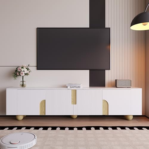 LERFAN Meuble TV blanc - 180 cm - 4 portes - Design élégant - Surface aspect marbre - Pieds en bois sphériques